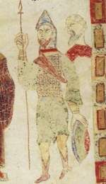 Lombard soldier in an 11th Century Exultet Roll, south Italian, Museo Civico, Pisa